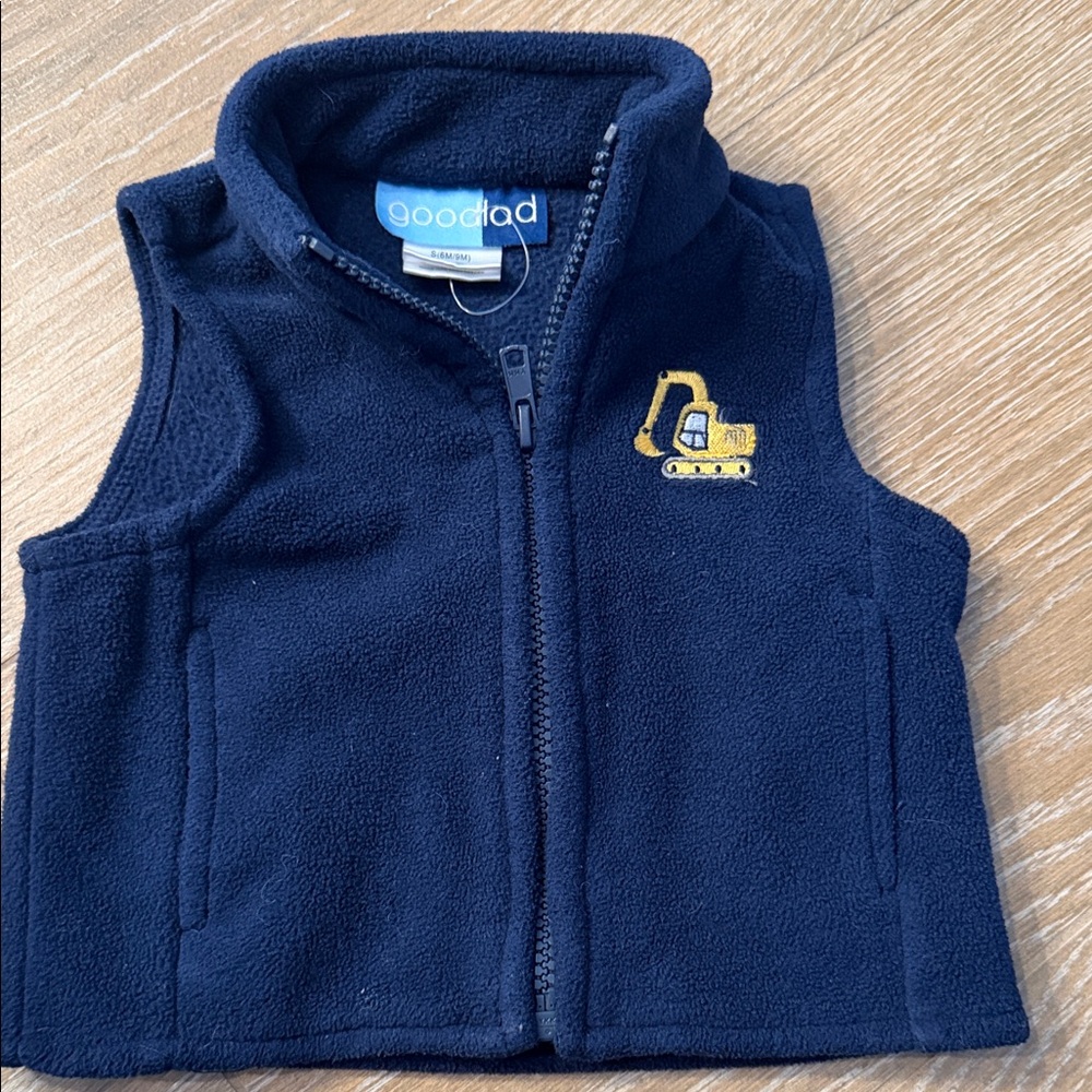 Good Lad Dark Blue Fleece Vest with Yellow Excavator embroidered 6M/9M